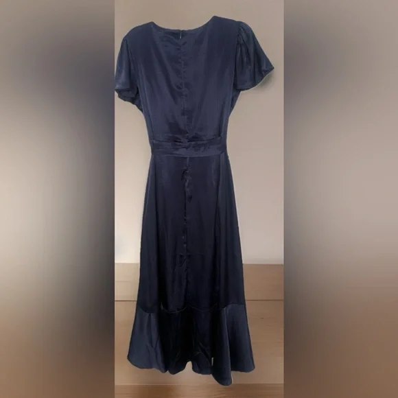 Nicole Miller New York Navy Satin Wrap Dress Flutter Sleeves Tie Waist Size 12 - Picture 3 of 3